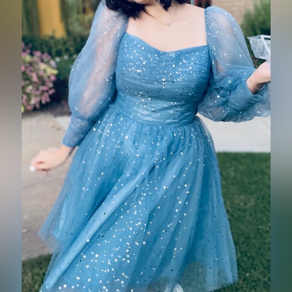Puffy long sleeve sparkly short dusty blue prom dress with built in pockets - Picture 2 of 5